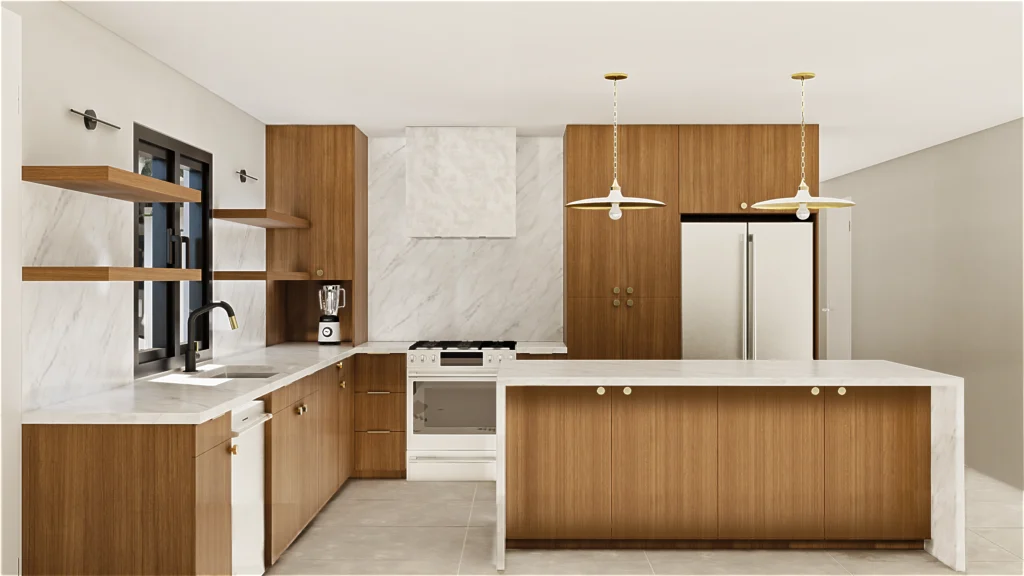 Interior Kitchen Rendering, modern, neutral tones, clean, wood, white counters